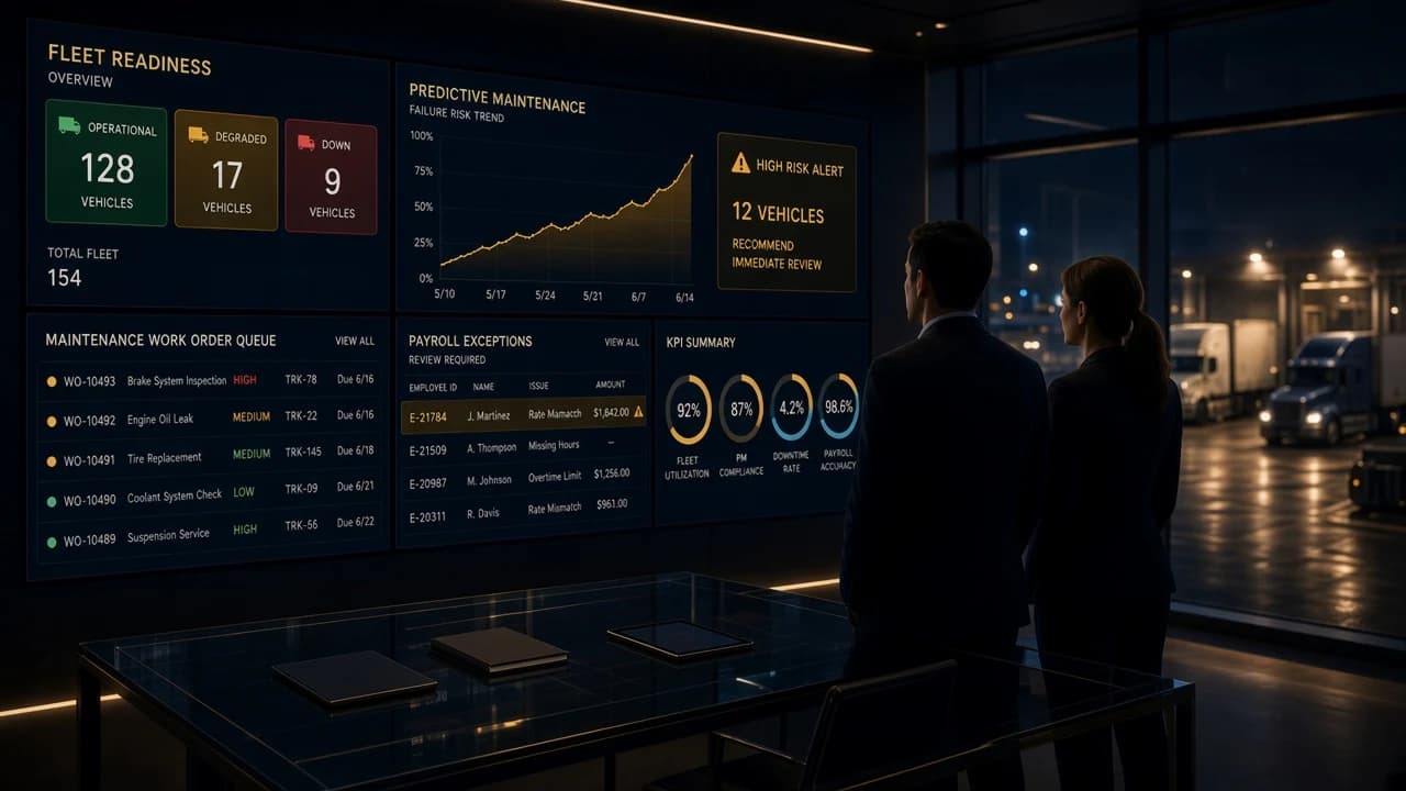 Operations dashboard wall showing fleet readiness, predictive maintenance risk, a maintenance work-order queue, and payroll exceptions